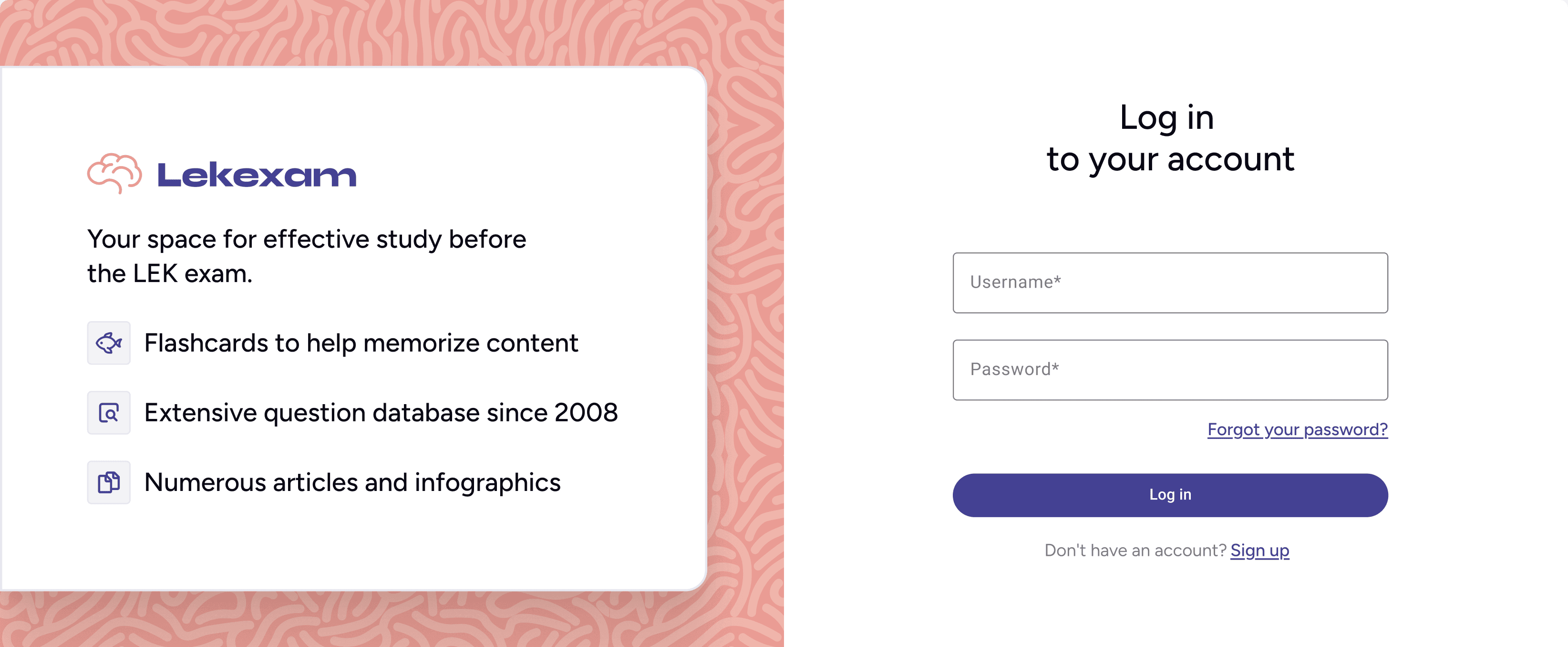 Exam selection and sign-in screen